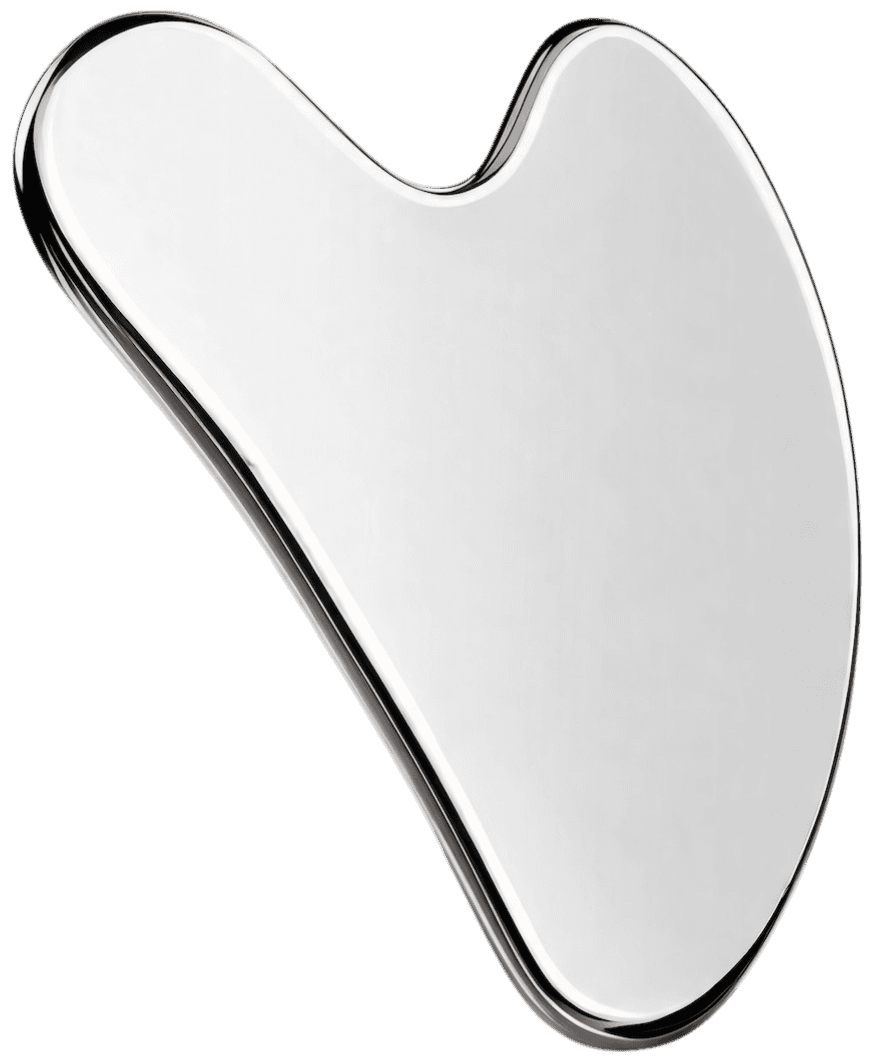 A polished stainless-steel gua sha tool on a warm linen surface, soft daylight.