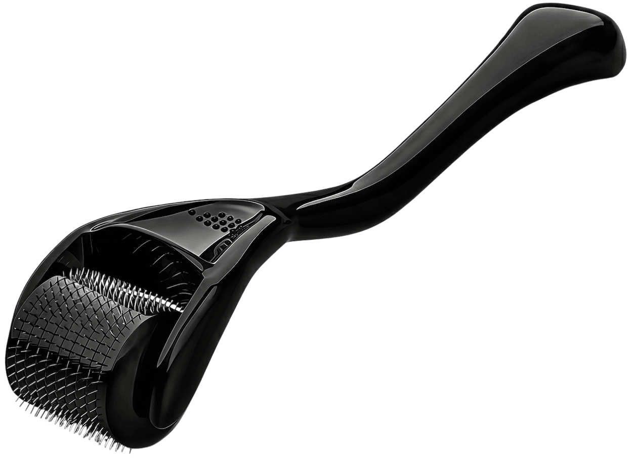 A precision microneedle skin roller on a warm linen surface, soft daylight.