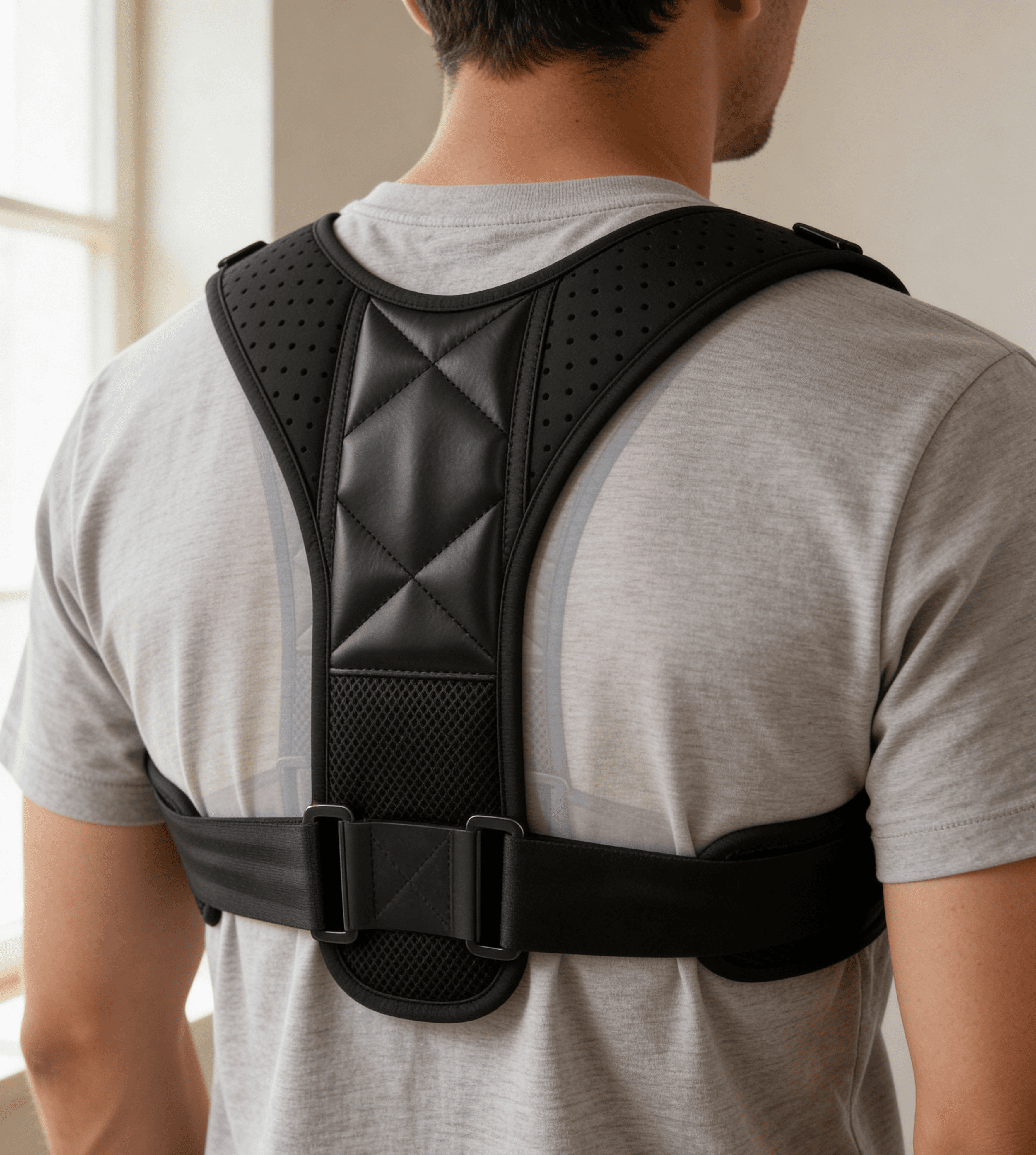 Close-up back view of a person wearing the Aligned Brace over a heather-grey t-shirt. Quilted X-pattern back panel and perforated mesh shoulder straps in soft window light.